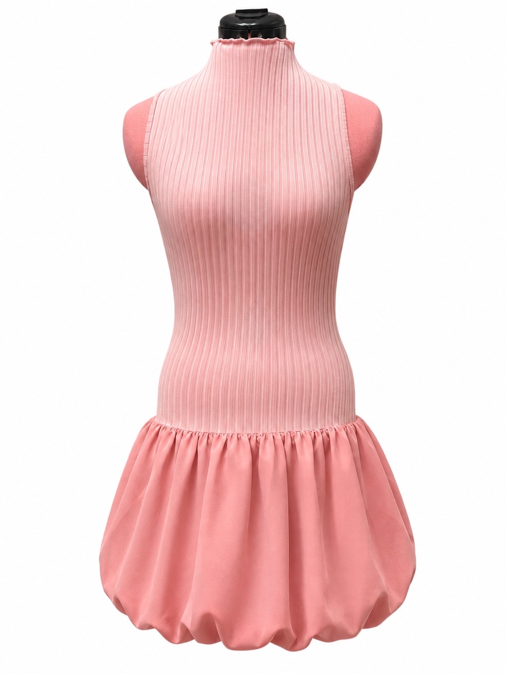 Sleeveless Pink Ribbed Mock Neck Bubble-Hem Top
